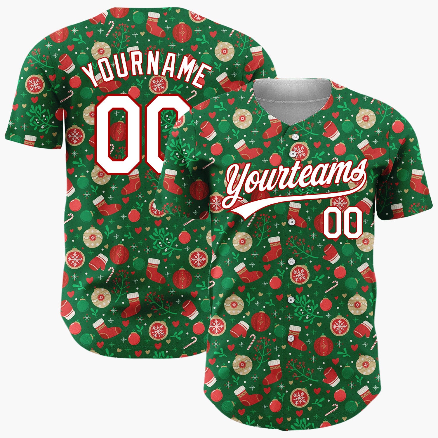 Custom Dark Green Holly Berries Festive Doodles Cartoon Pattern Christmas Baseball Jersey