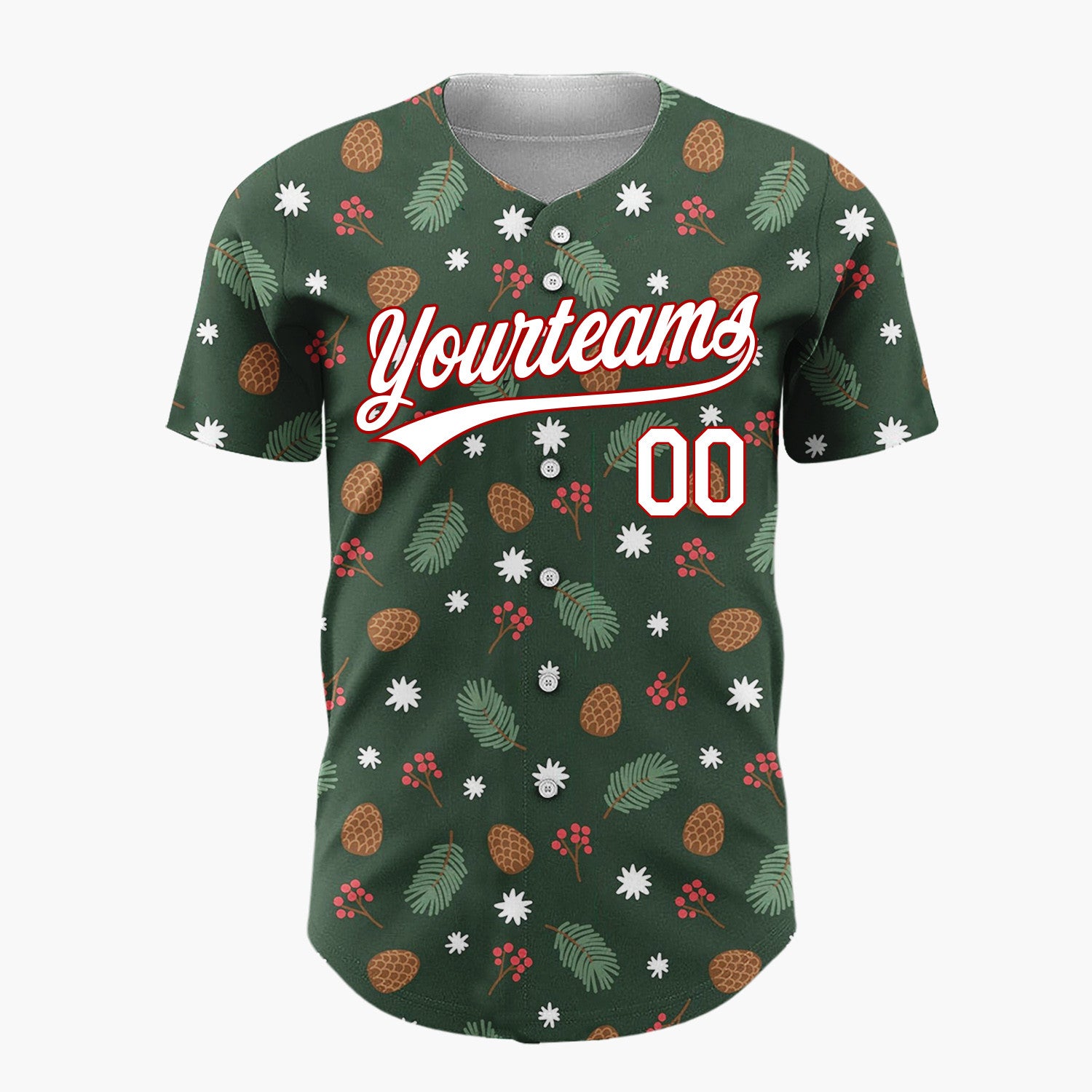 Custom Dark Green Pinecones Berries Minimalist Cartoon Pattern Christmas Baseball Jersey