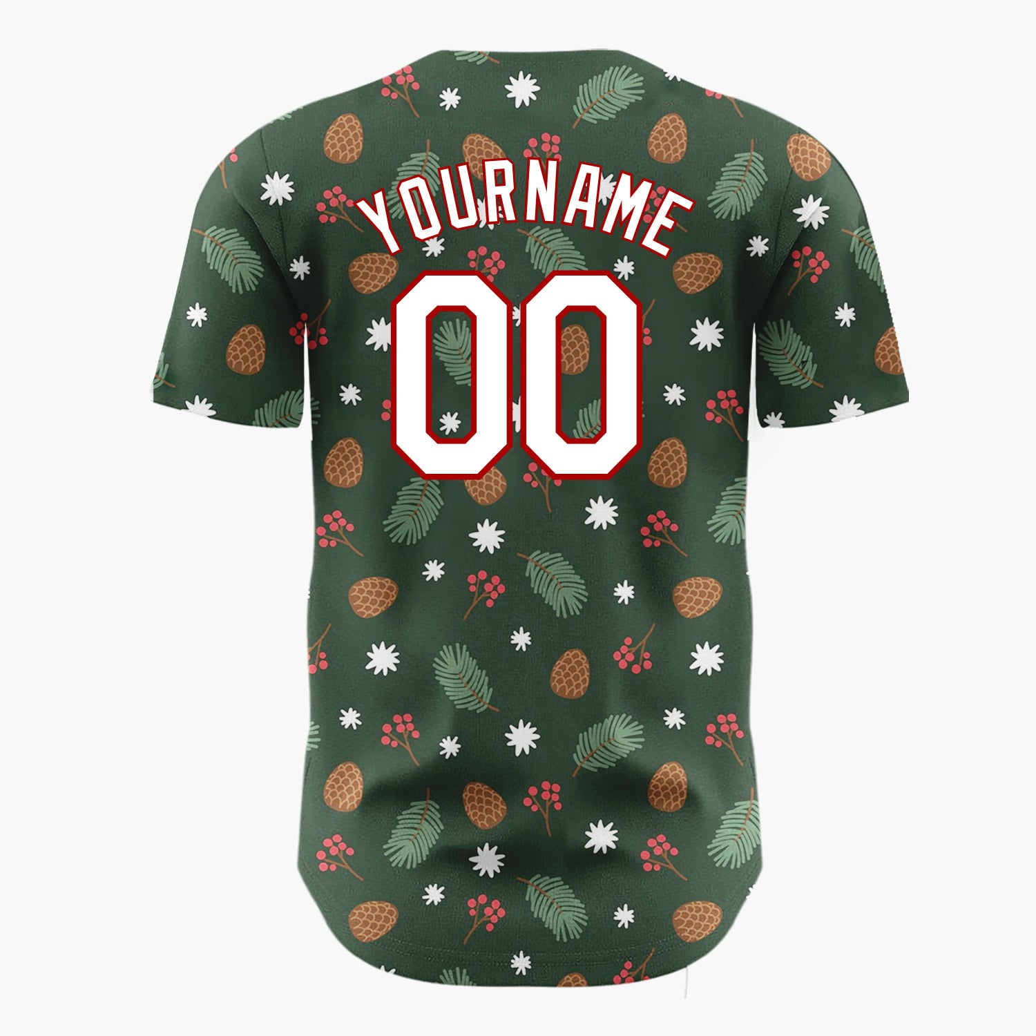 Custom Dark Green Pinecones Berries Minimalist Cartoon Pattern Christmas Baseball Jersey