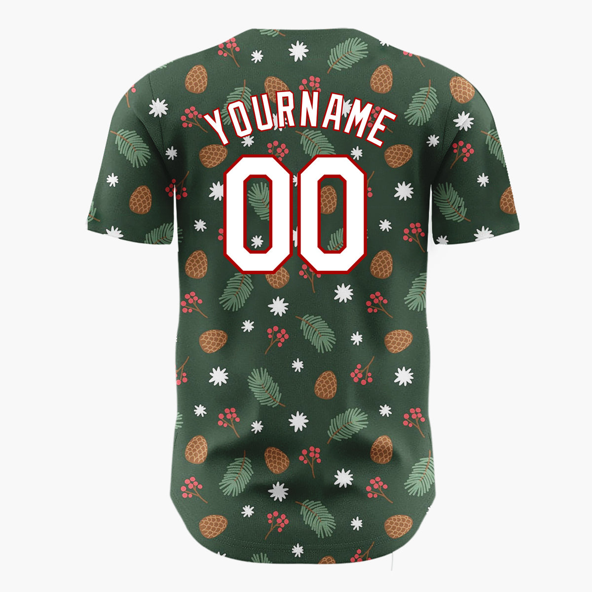 Custom Dark Green Pinecones Berries Minimalist Cartoon Pattern Christmas Baseball Jersey
