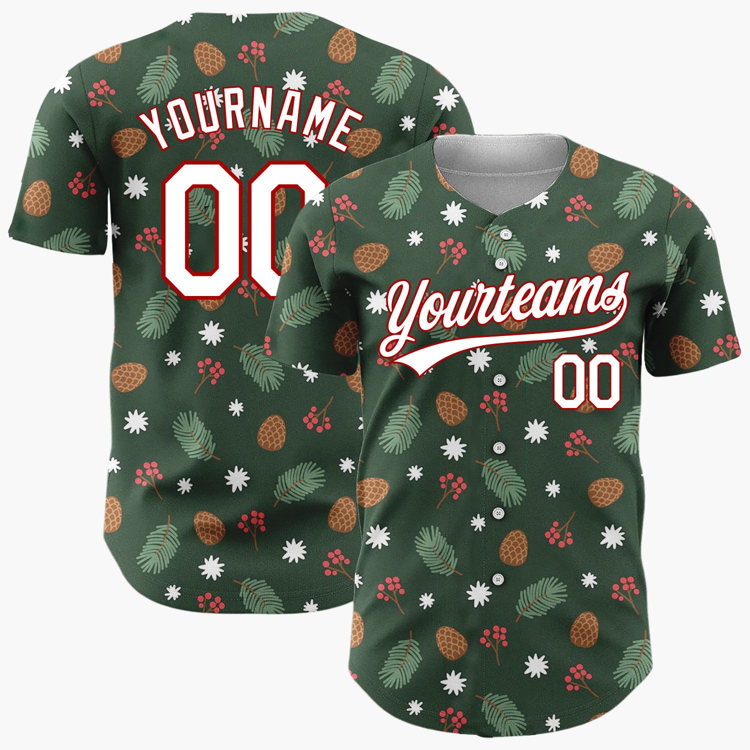 Custom Dark Green Pinecones Berries Minimalist Cartoon Pattern Christmas Baseball Jersey