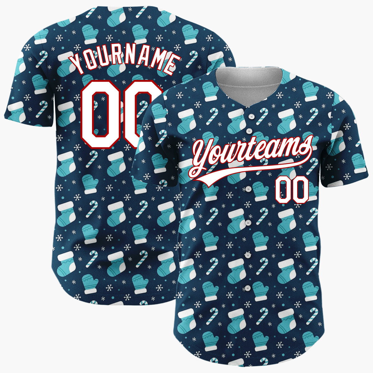 Custom Dark Blue White Stockings Mittens And Candy Cane Christmas Baseball Jersey