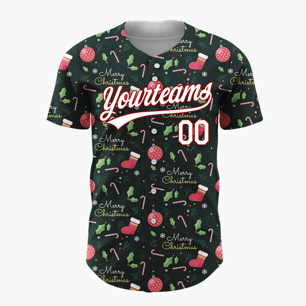Custom Dark Green Holly Merry Christmas Text Cartoon Pattern Christmas Baseball Jersey