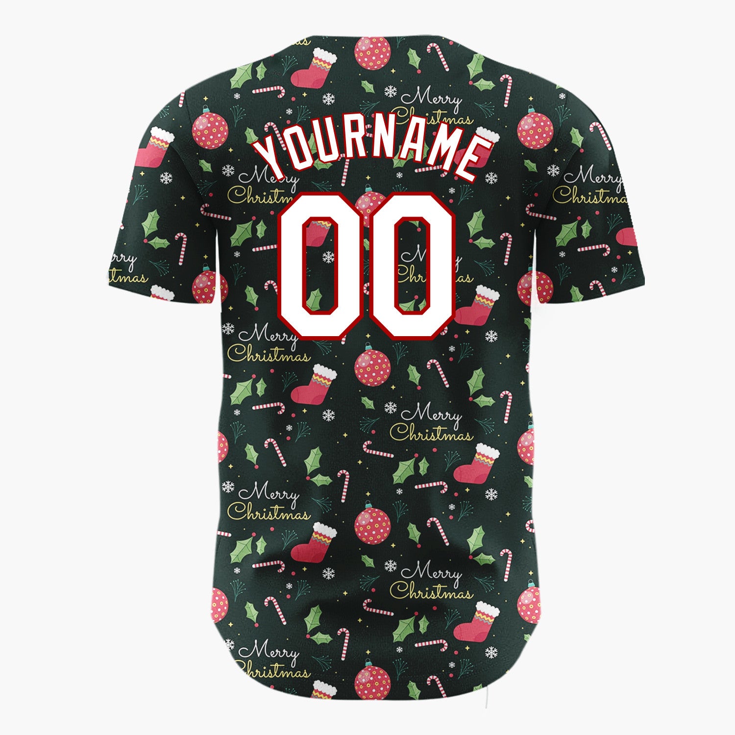 Custom Dark Green Holly Merry Christmas Text Cartoon Pattern Christmas Baseball Jersey