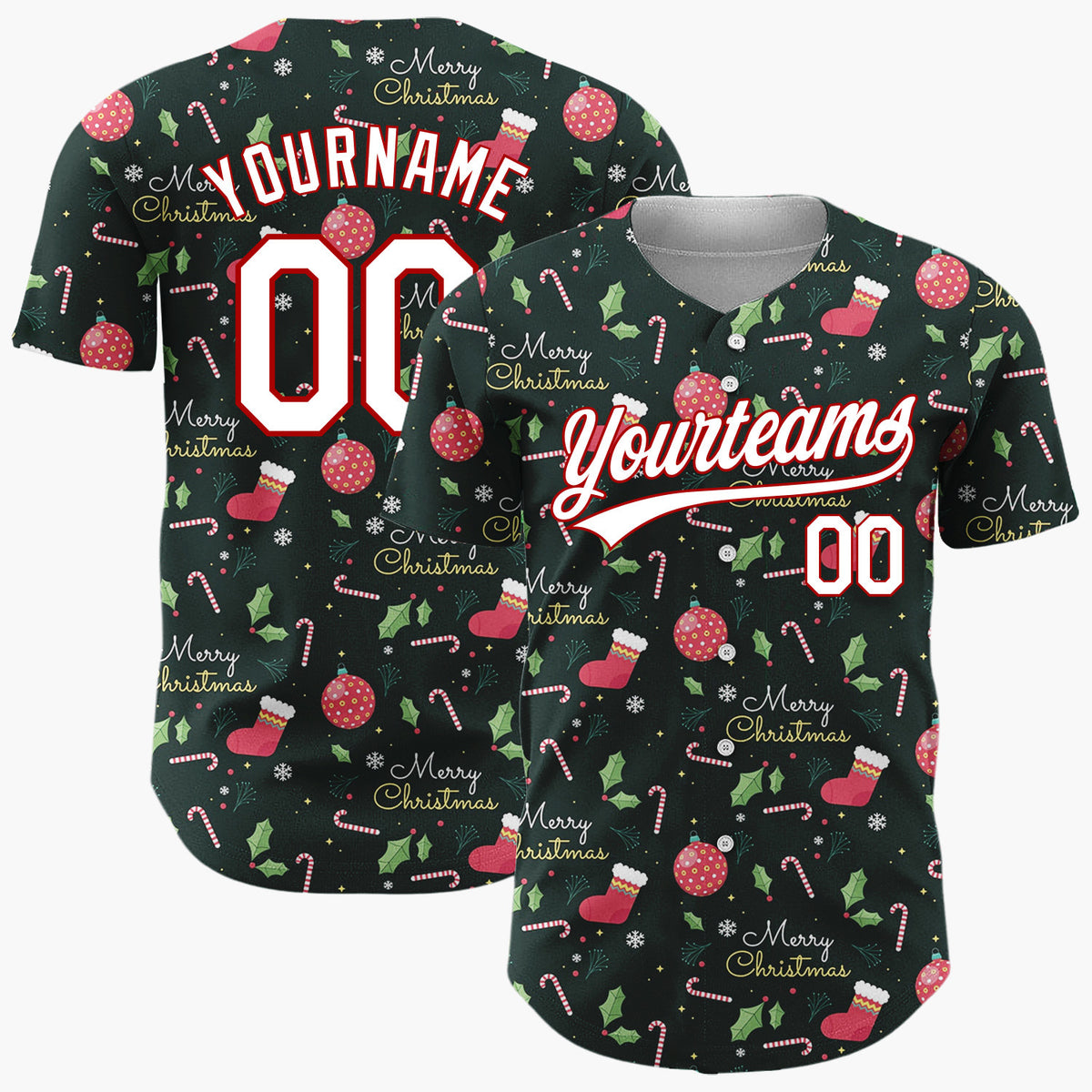 Custom Dark Green Holly Merry Christmas Text Cartoon Pattern Christmas Baseball Jersey
