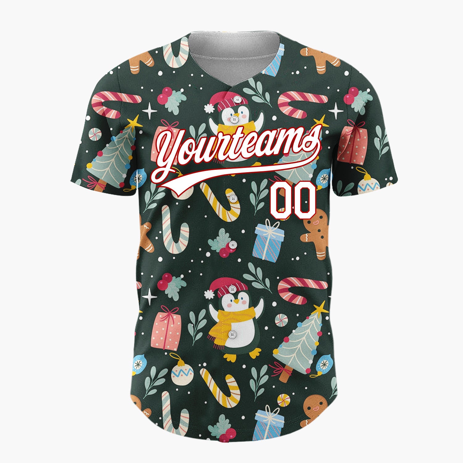 Custom Dark Green Penguins Trees And Candy Canes Cute Christmas Baseball Jersey