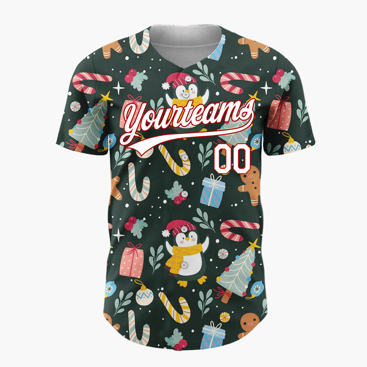 Custom Dark Green Penguins Trees And Candy Canes Cute Christmas Baseball Jersey