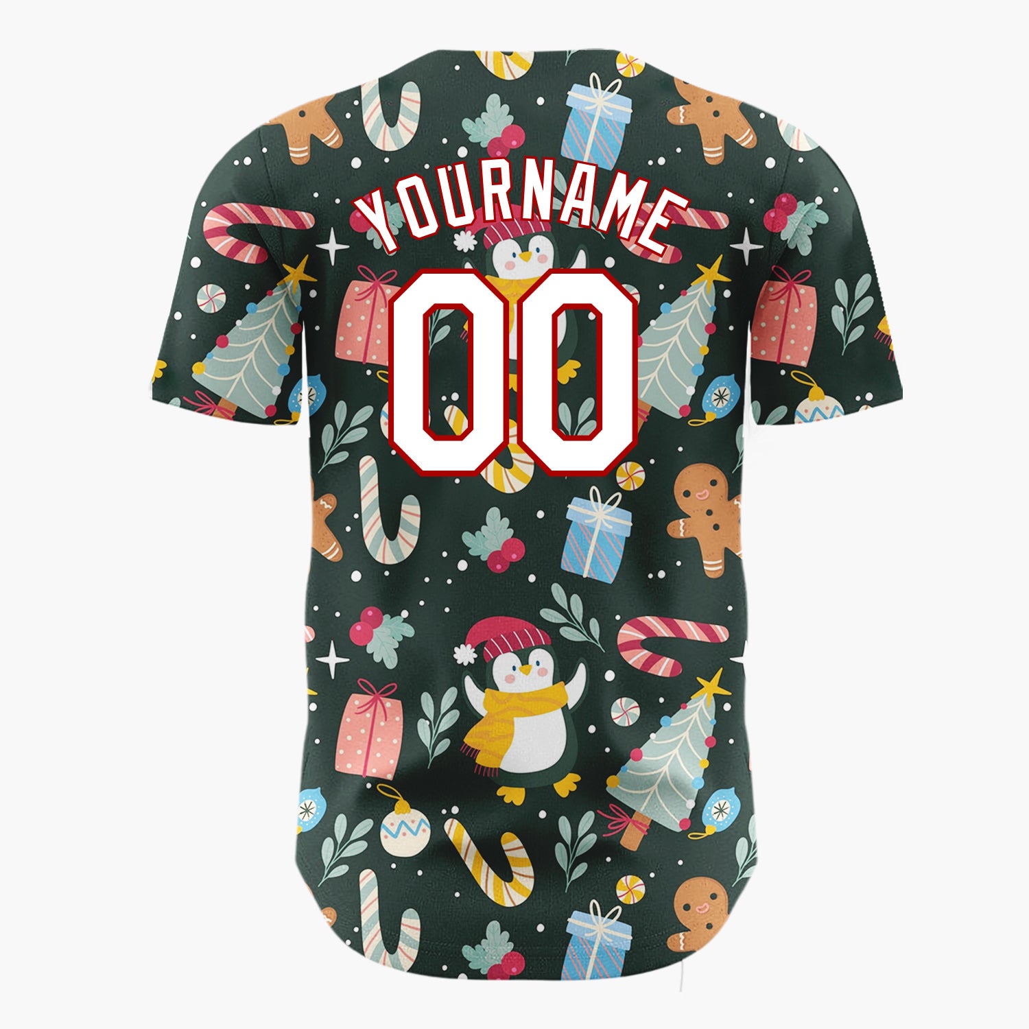 Custom Dark Green Penguins Trees And Candy Canes Cute Christmas Baseball Jersey