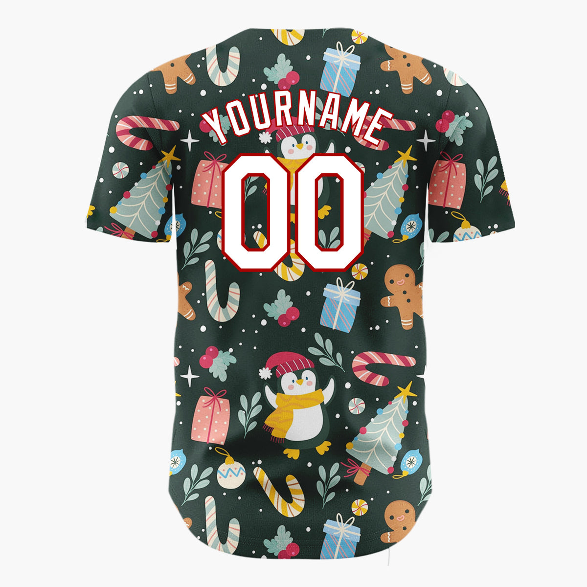 Custom Dark Green Penguins Trees And Candy Canes Cute Christmas Baseball Jersey