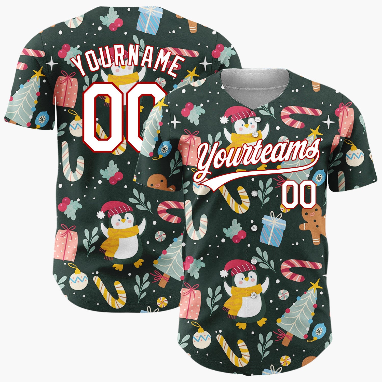Custom Dark Green Penguins Trees And Candy Canes Cute Christmas Baseball Jersey