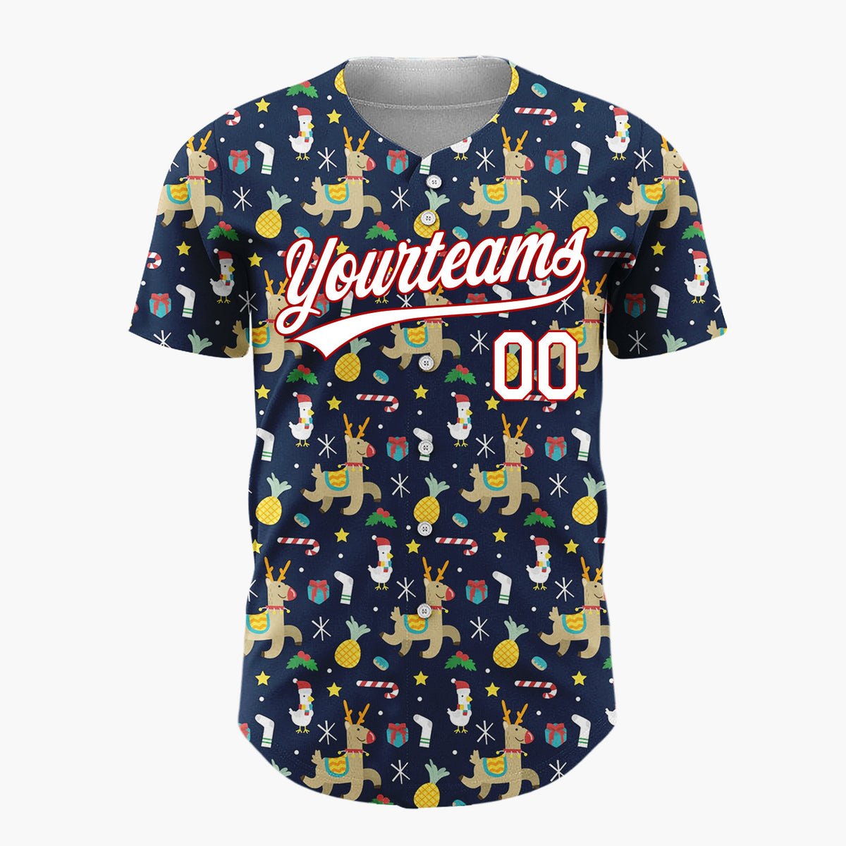 Custom Dark Blue Reindeer Star Geometric Cartoon Pattern Christmas Baseball Jersey