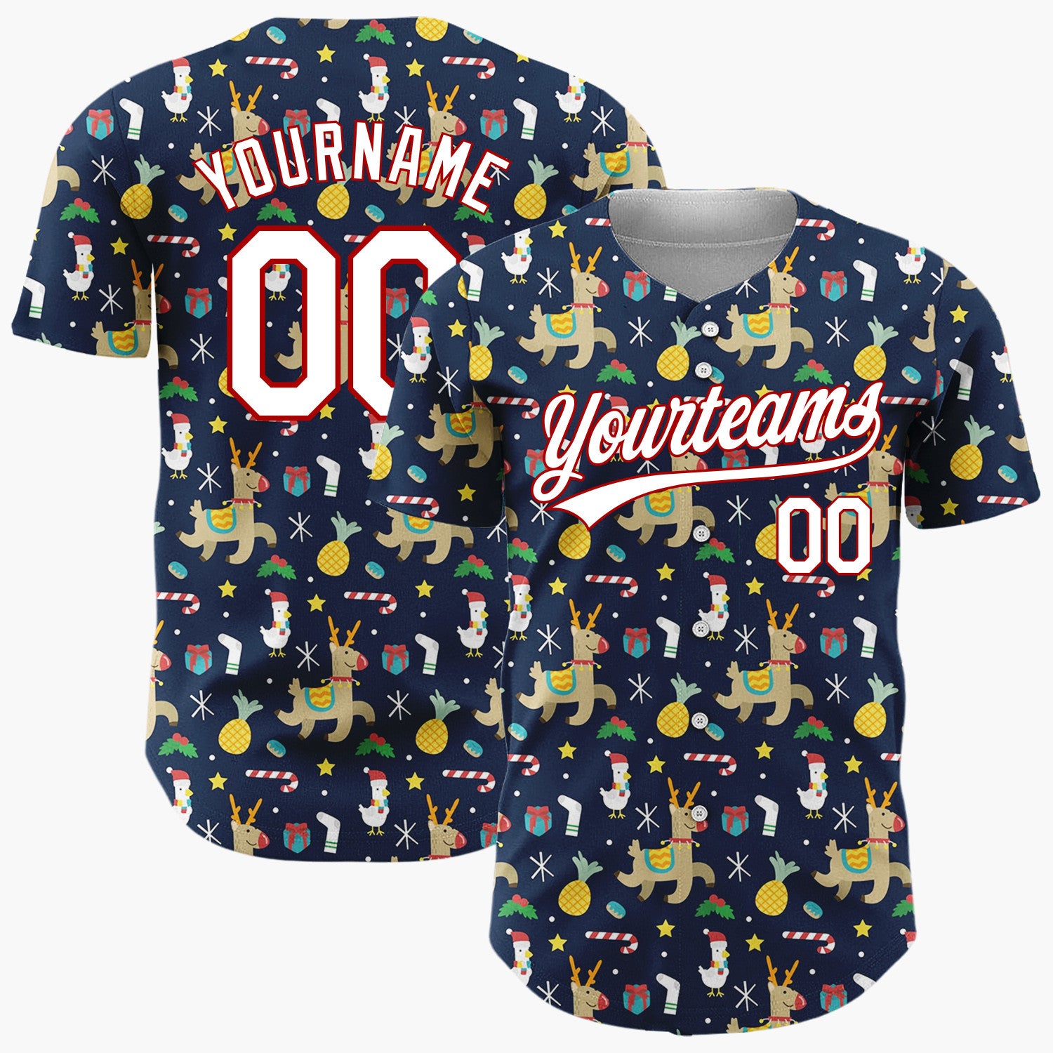 Custom Dark Blue Reindeer Star Geometric Cartoon Pattern Christmas Baseball Jersey