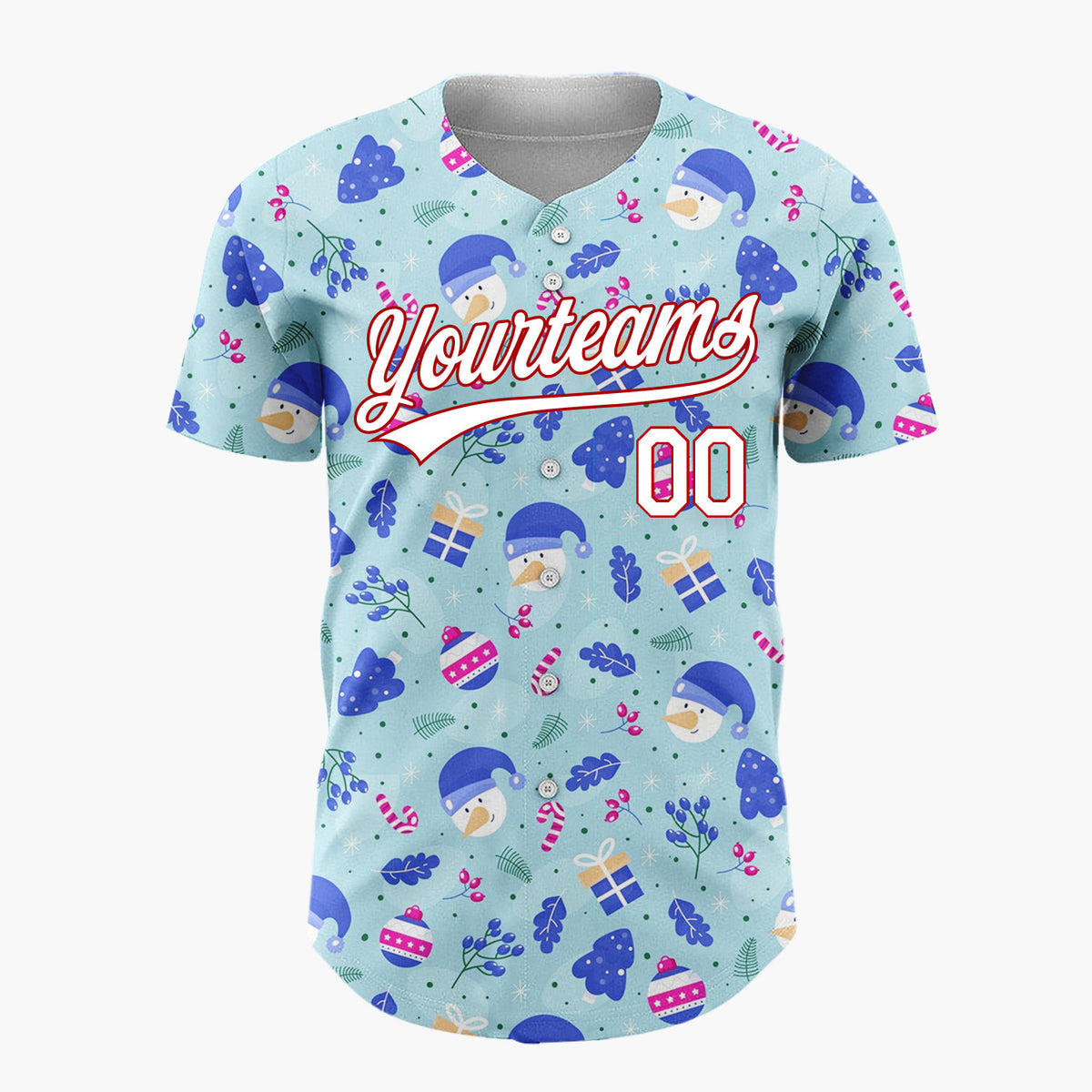 Custom Light Blue Dark Blue White Snowman And Trees Christmas Baseball Jersey