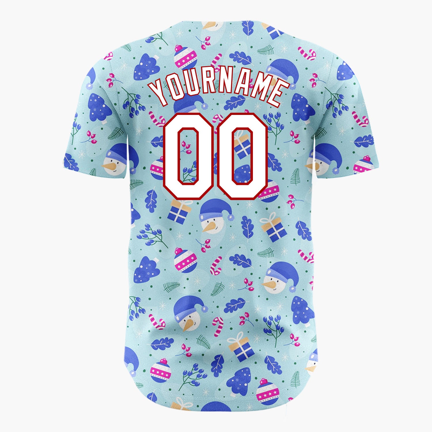 Custom Light Blue Dark Blue White Snowman And Trees Christmas Baseball Jersey
