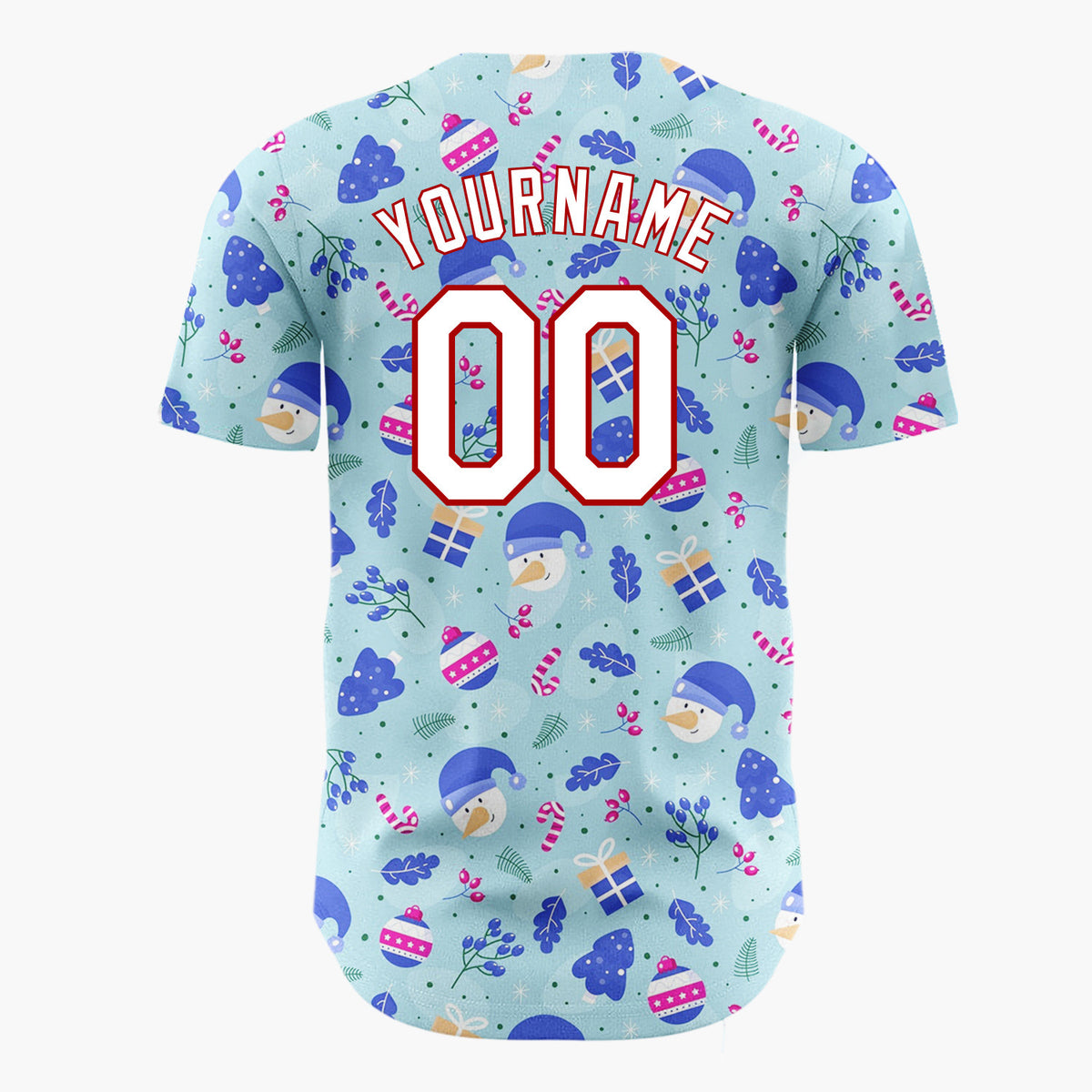 Custom Light Blue Dark Blue White Snowman And Trees Christmas Baseball Jersey