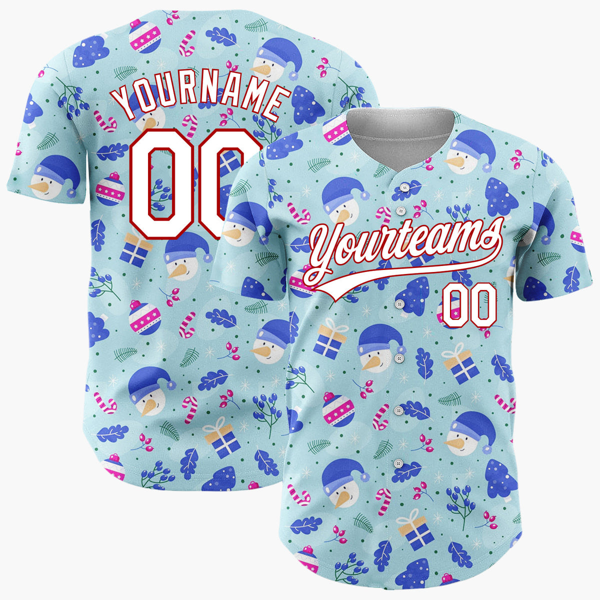 Custom Light Blue Dark Blue White Snowman And Trees Christmas Baseball Jersey