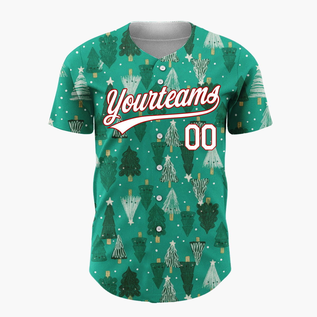 Custom Green White Doodle Christmas Trees Merry Holiday Pattern Christmas Baseball Jersey
