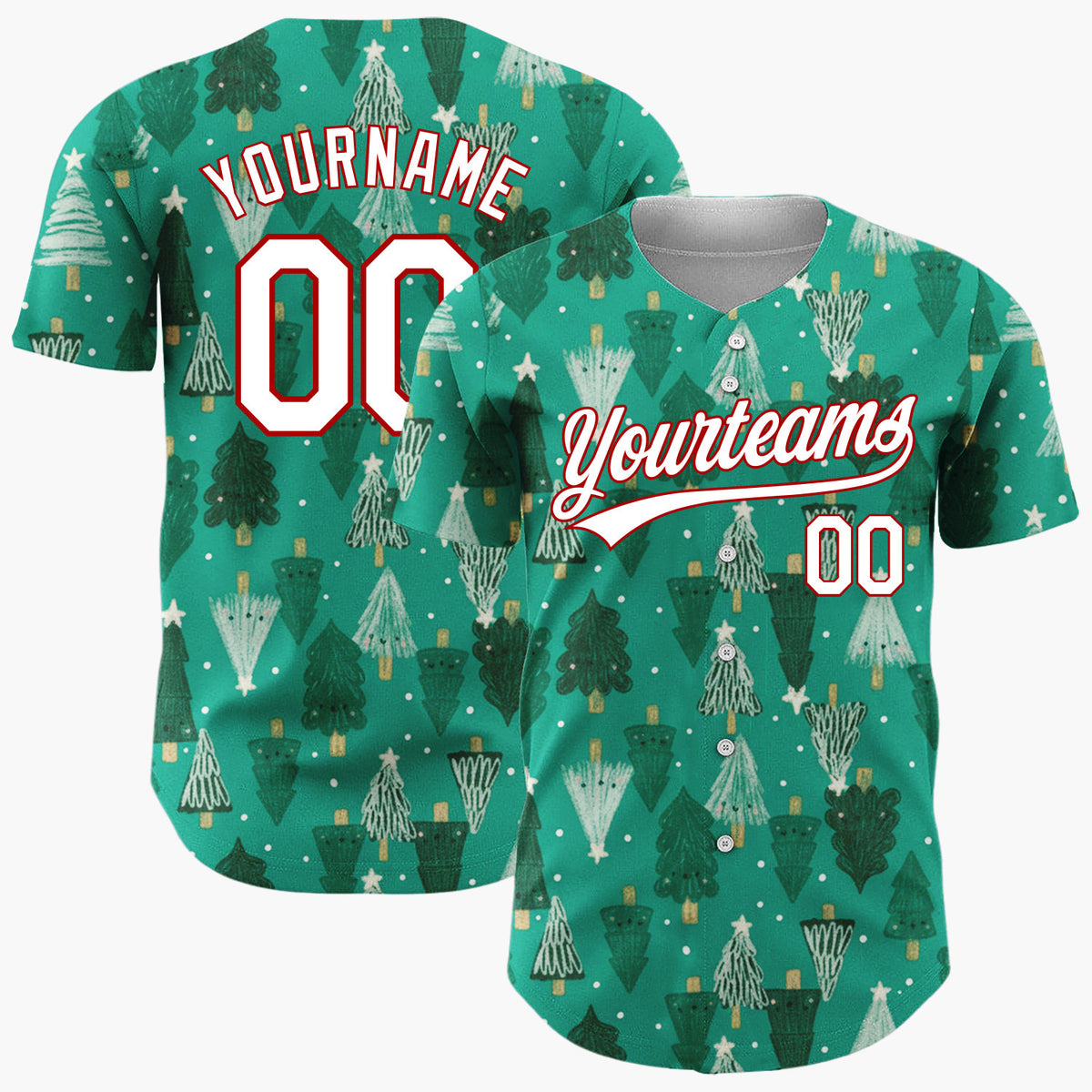 Custom Green White Doodle Christmas Trees Merry Holiday Pattern Christmas Baseball Jersey