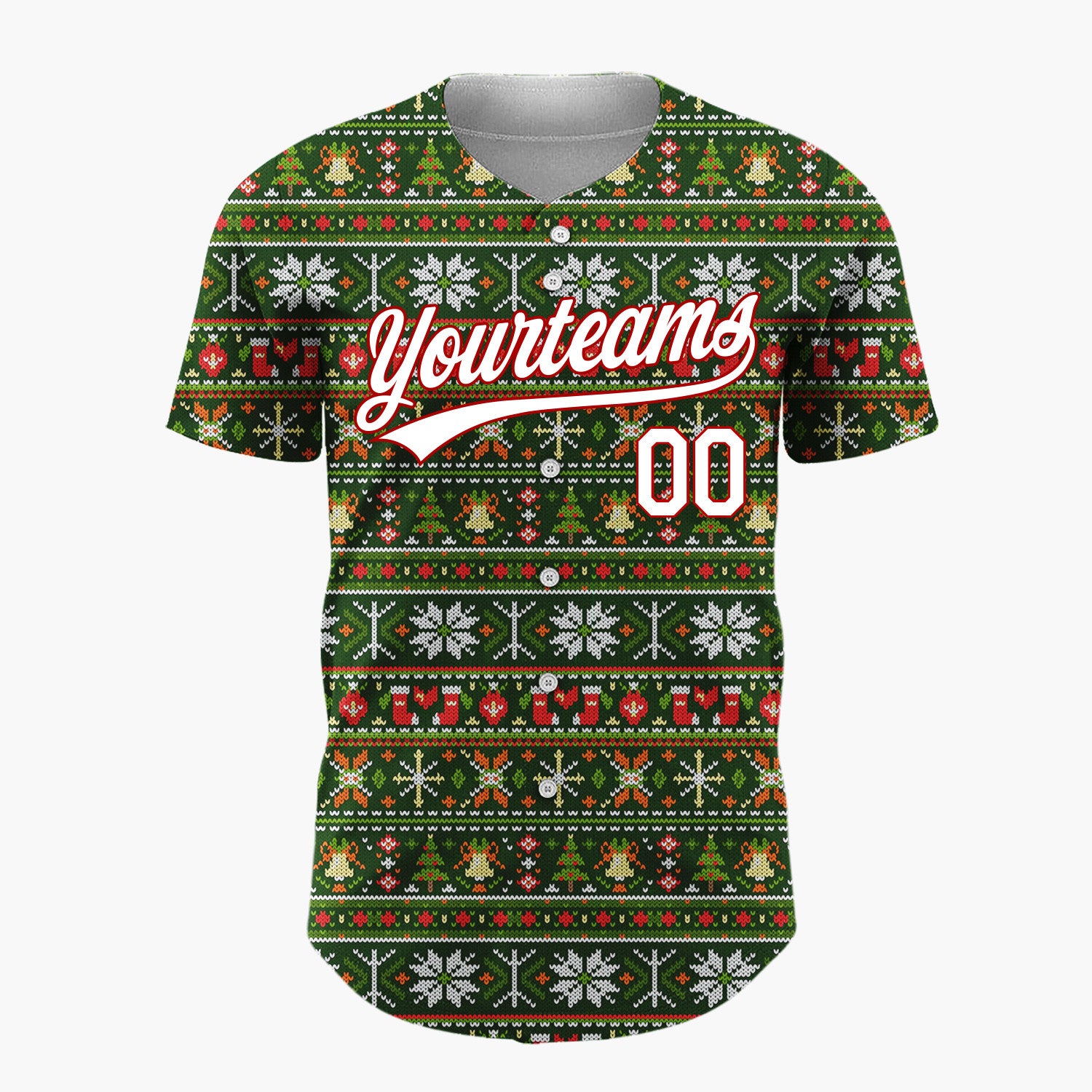 Custom Green Red Orange White Nordic Knit Christmas Baseball Jersey