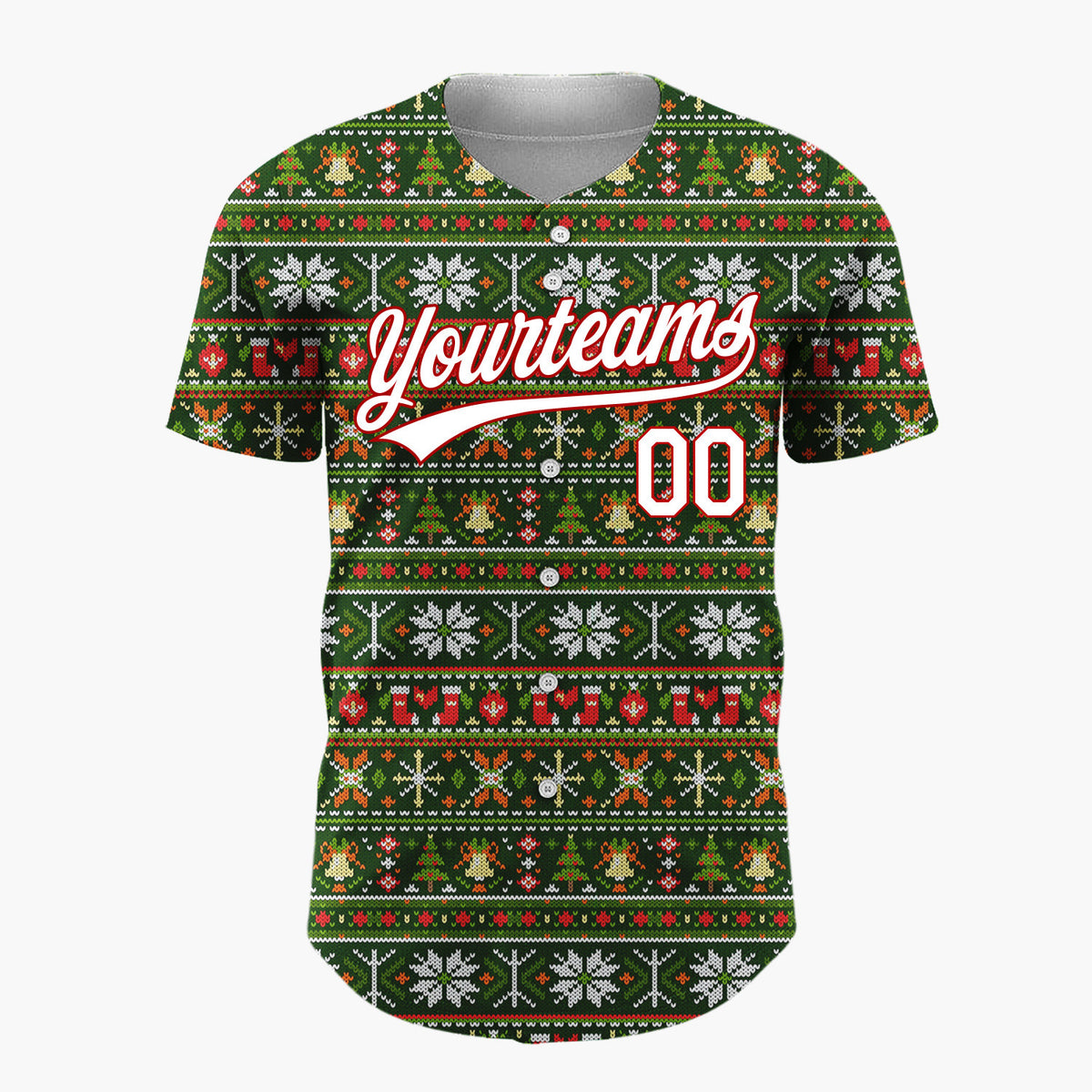 Custom Green Red Orange White Nordic Knit Christmas Baseball Jersey