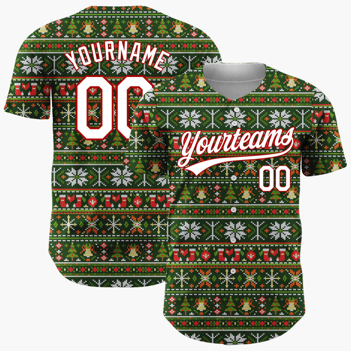 Custom Green Red Orange White Nordic Knit Christmas Baseball Jersey