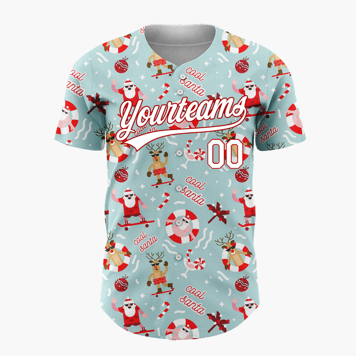 Custom Light Blue Red Surfing Santa Reindeer Beach Christmas Baseball Jersey