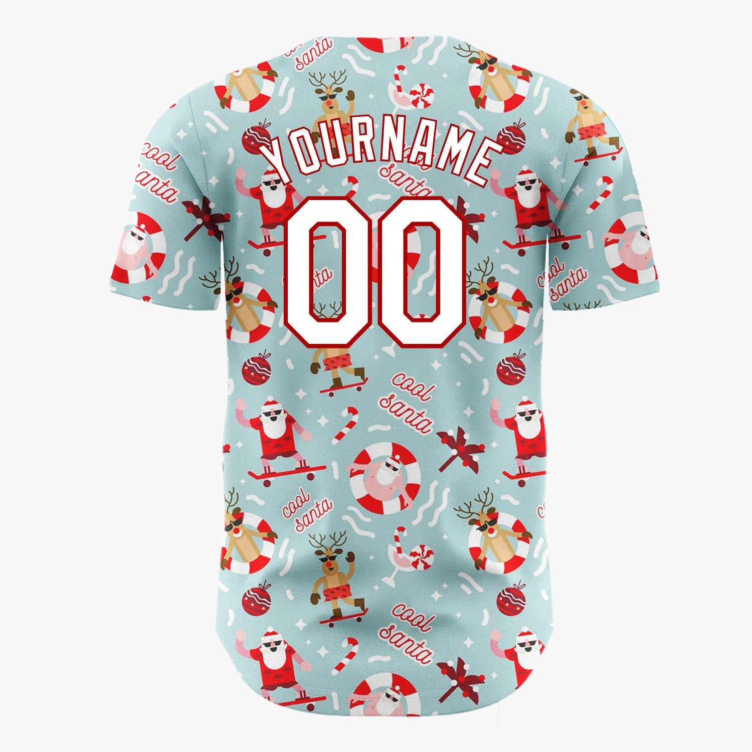 Custom Light Blue Red Surfing Santa Reindeer Beach Christmas Baseball Jersey