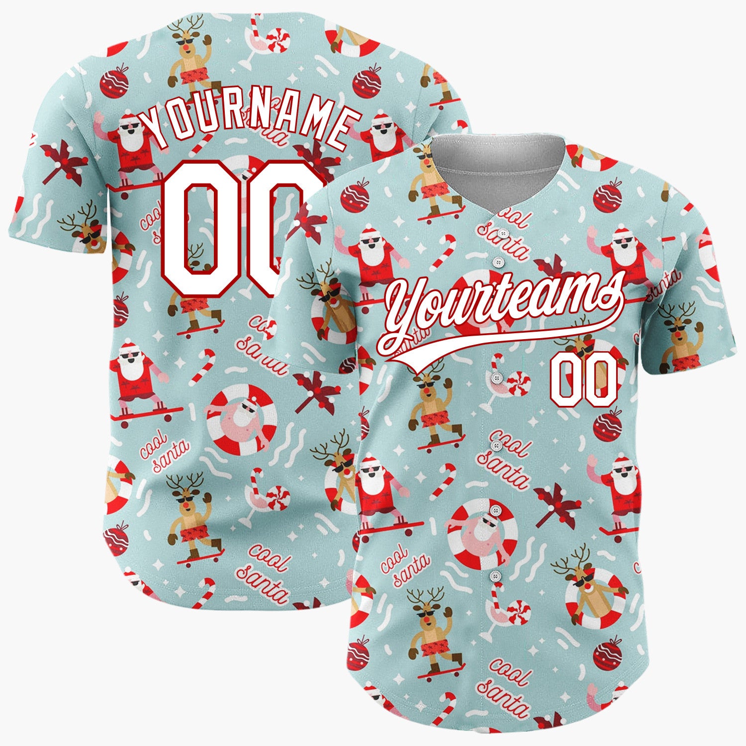 Custom Light Blue Red Surfing Santa Reindeer Beach Christmas Baseball Jersey