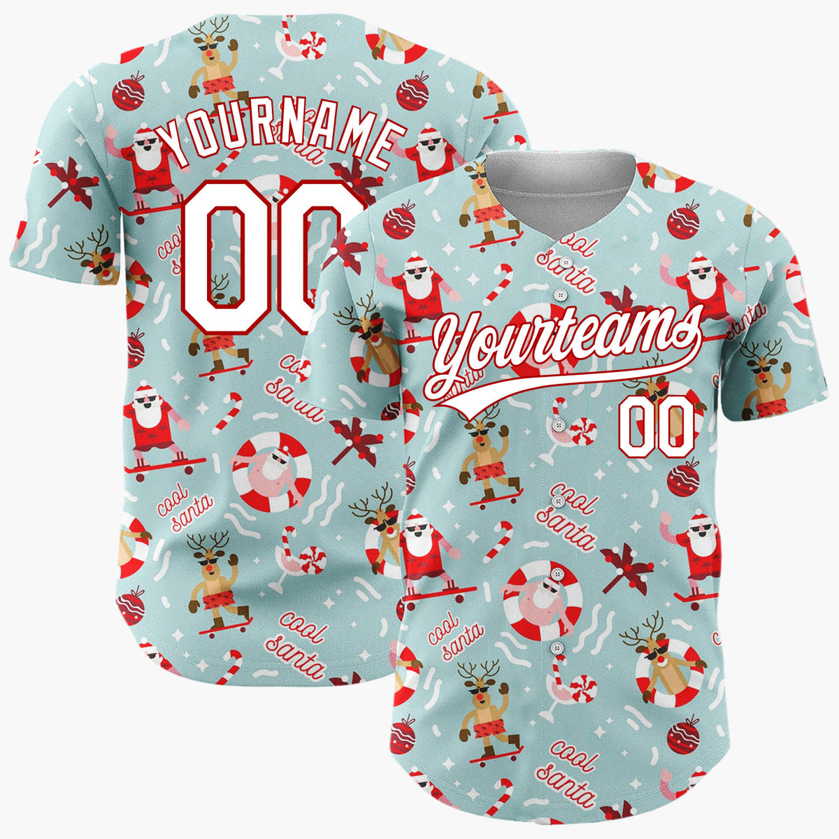 Custom Light Blue Red Surfing Santa Reindeer Beach Christmas Baseball Jersey