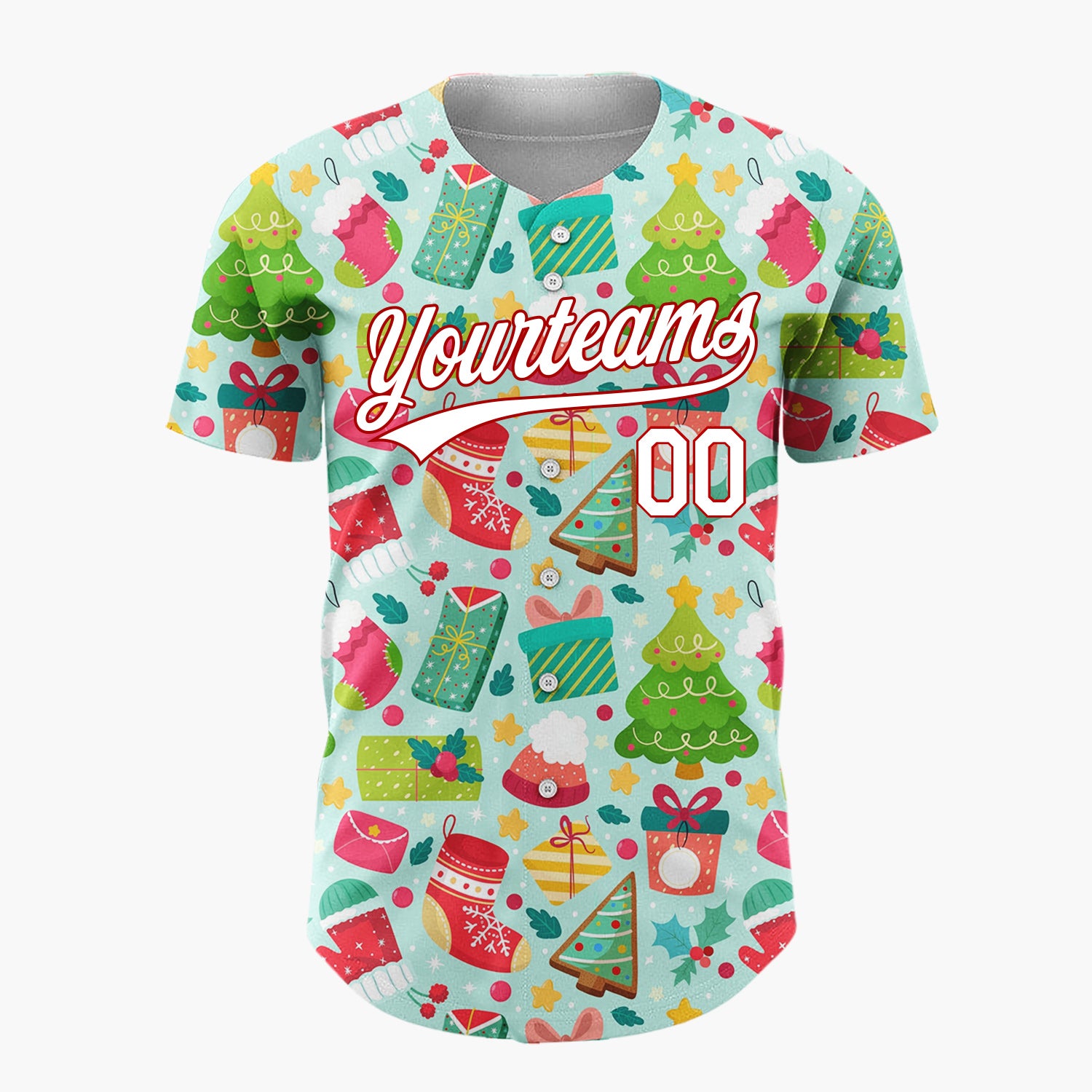 Custom Light Blue Green Red Trees Stockings And Gifts Bright Icon Pattern Christmas Baseball Jersey