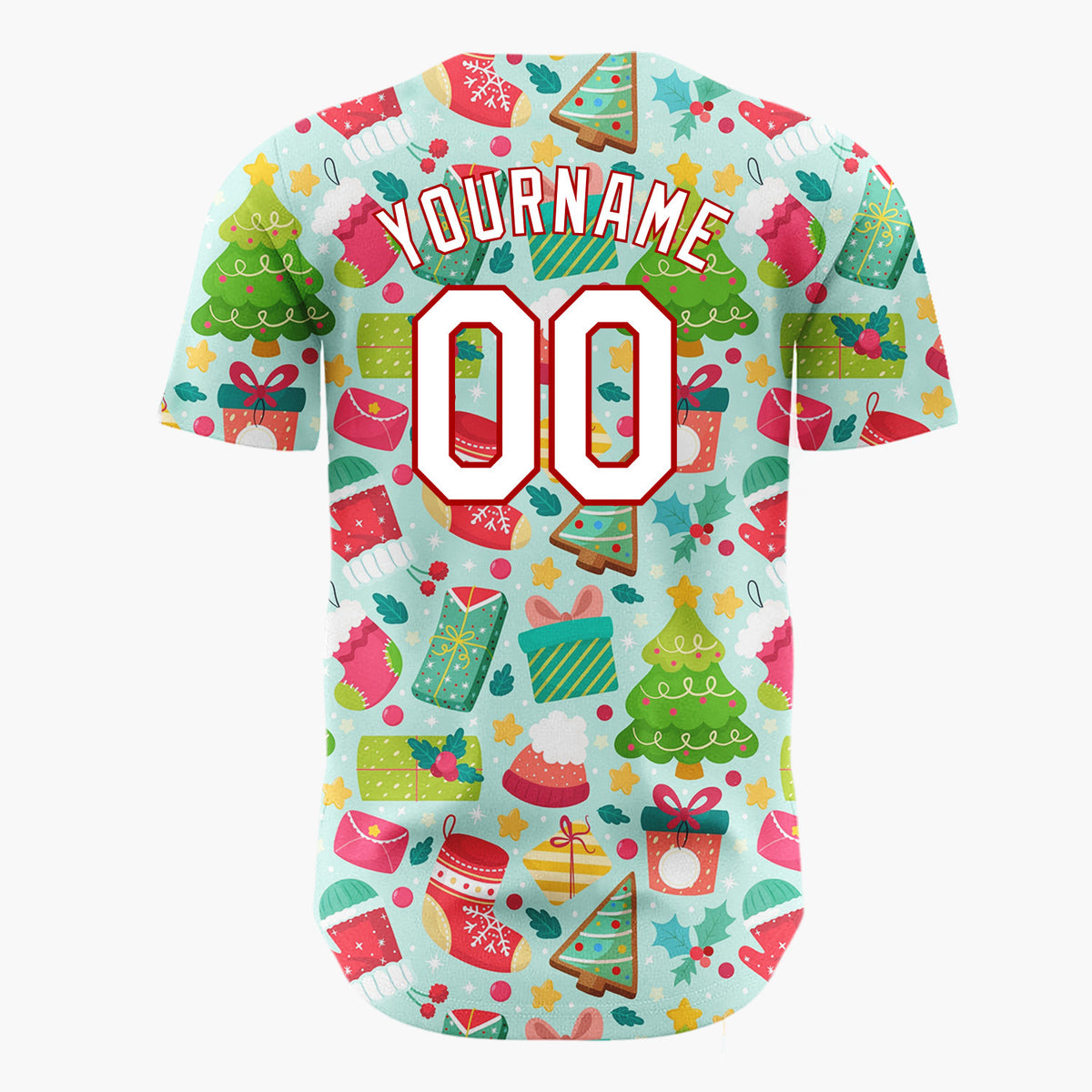 Custom Light Blue Green Red Trees Stockings And Gifts Bright Icon Pattern Christmas Baseball Jersey