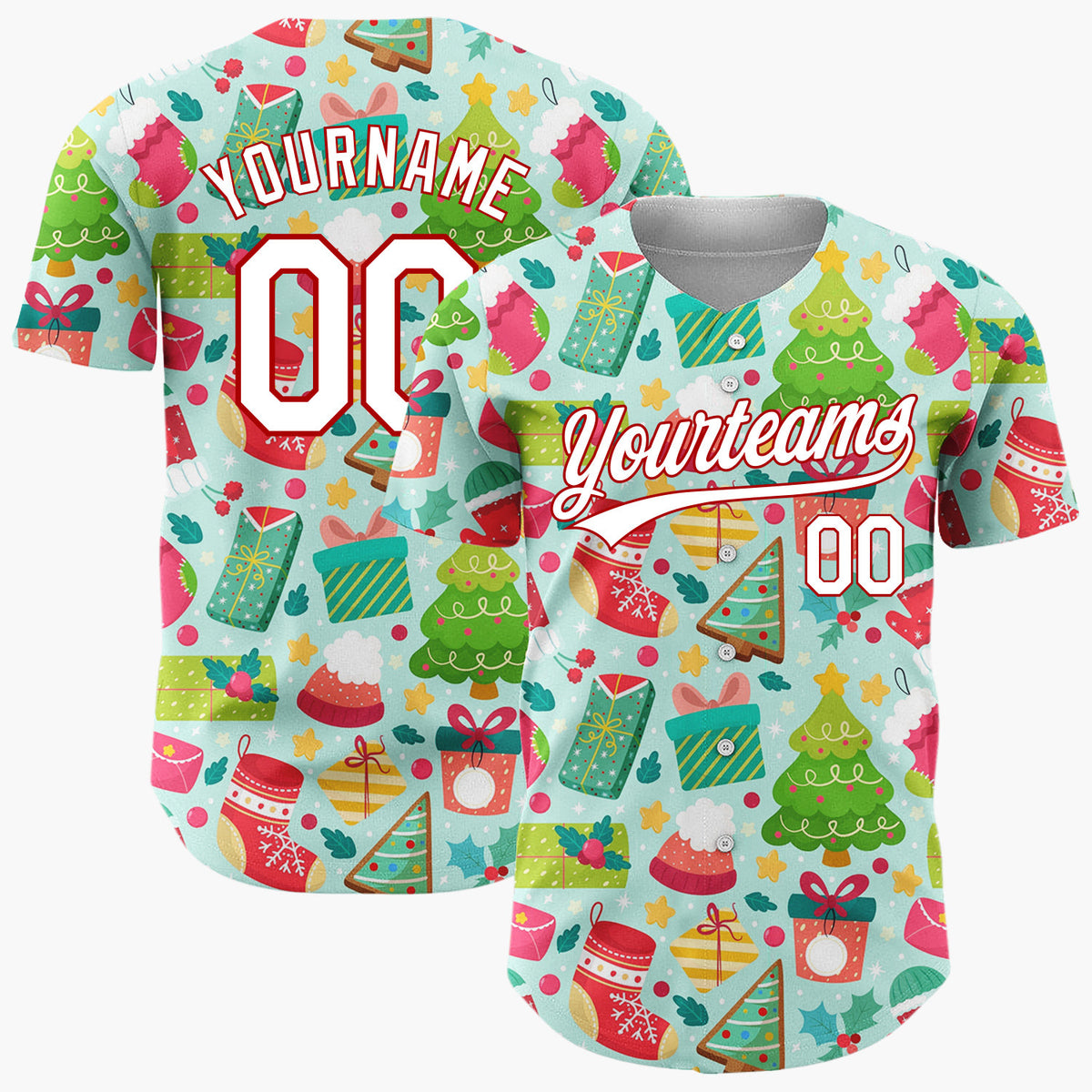 Custom Light Blue Green Red Trees Stockings And Gifts Bright Icon Pattern Christmas Baseball Jersey