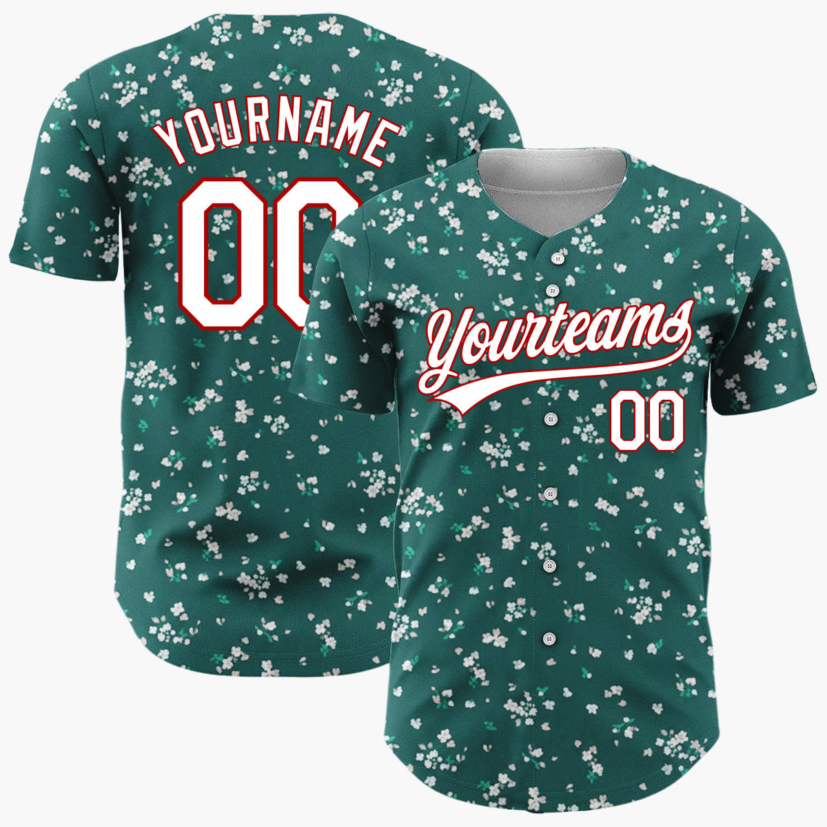 Custom Dark Green White Small Blossoms Minimal Winter Floral Pattern Christmas Baseball Jersey