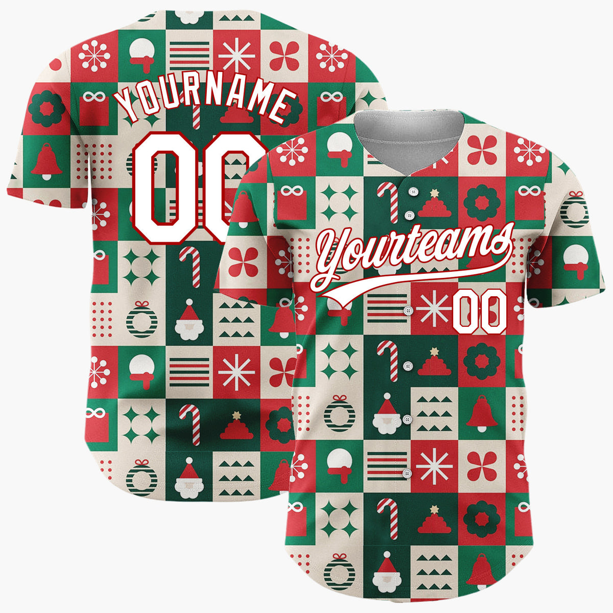 Custom Green Christmas Tiles Geometric Abstract Pattern Christmas Baseball Jersey