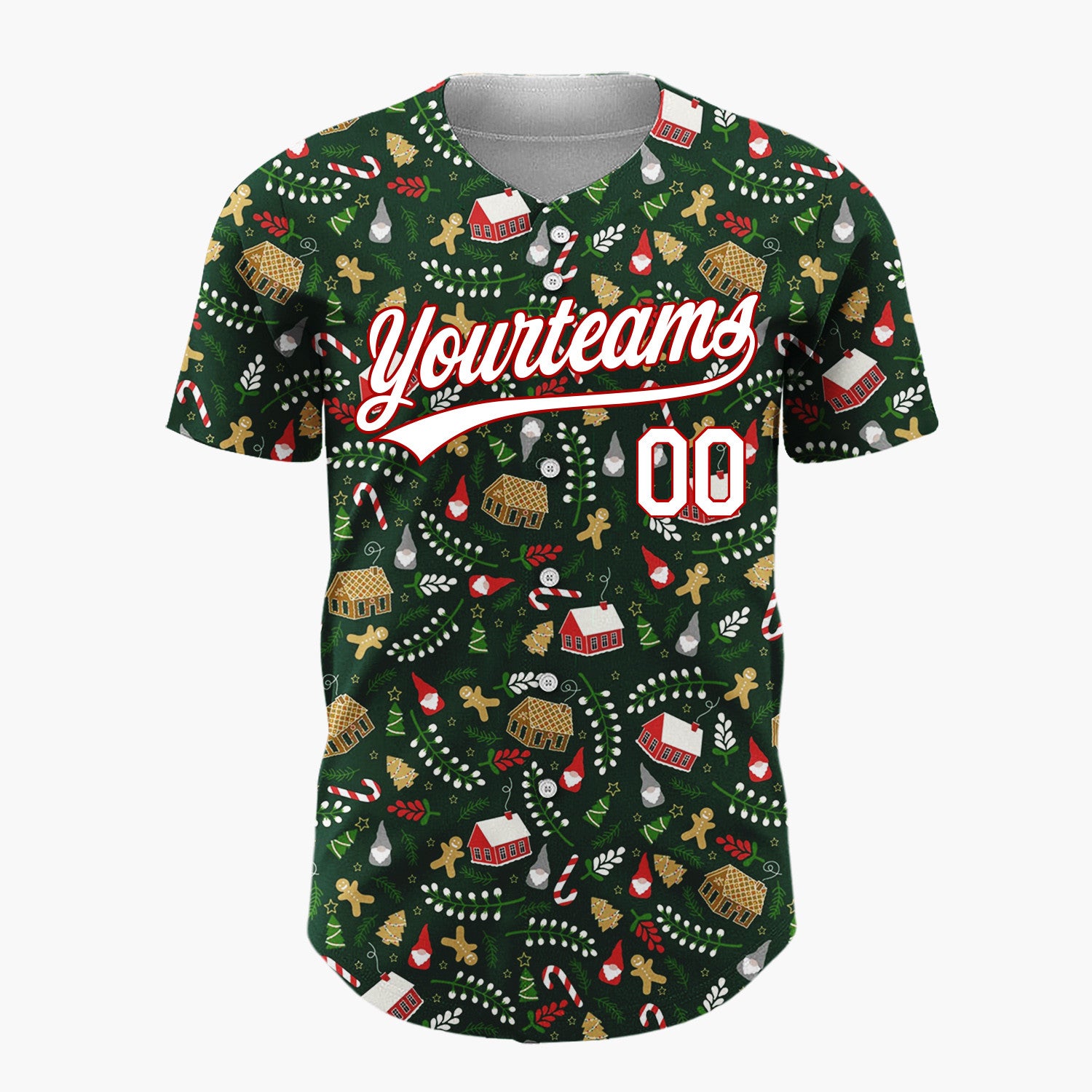 Custom Dark Green Christmas Village Gingerbread Houses Cartoon Pattern Christmas Baseball Jersey