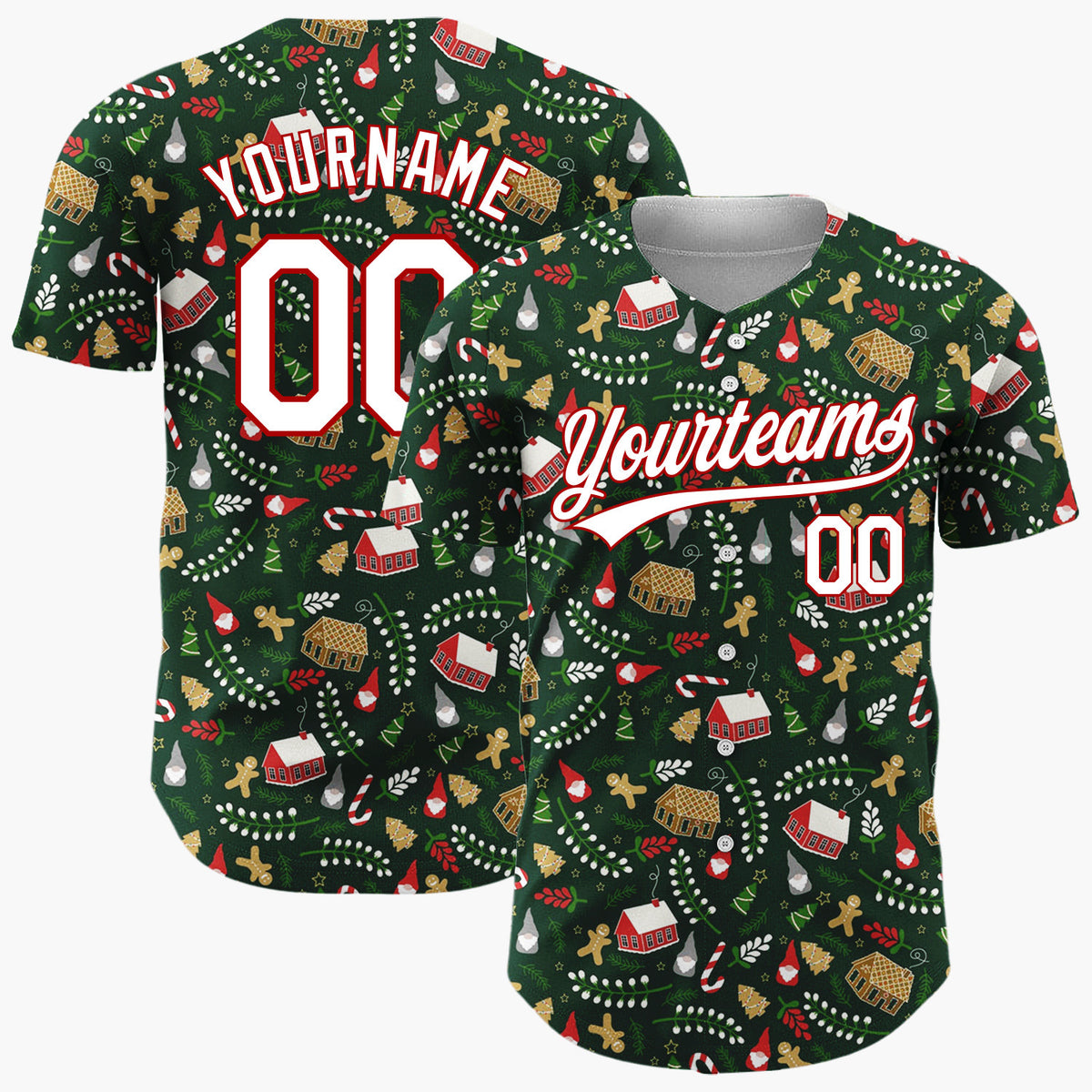 Custom Dark Green Christmas Village Gingerbread Houses Cartoon Pattern Christmas Baseball Jersey