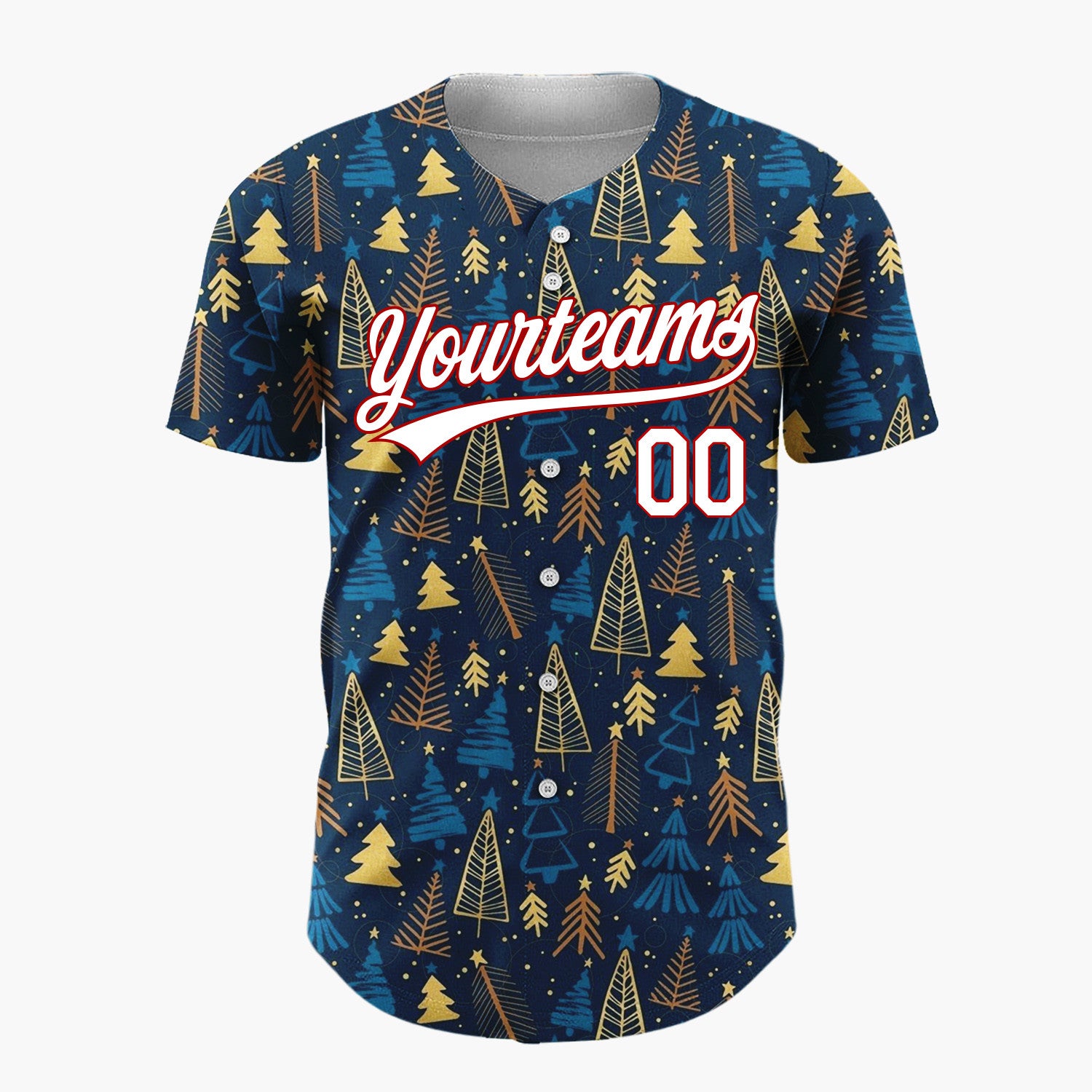 Custom Dark Blue Golden Christmas Trees Stars Cartoon Pattern Christmas Baseball Jersey