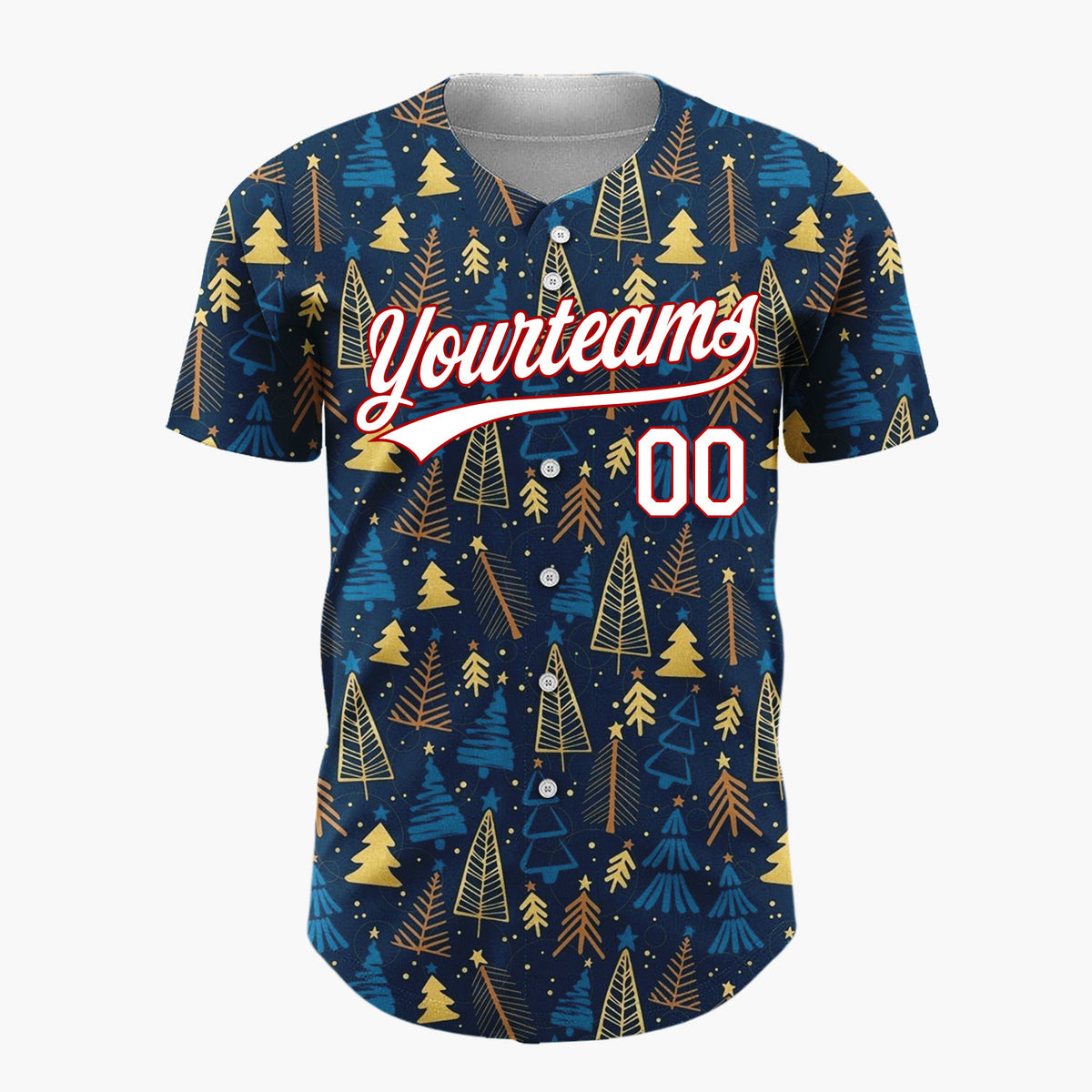 Custom Dark Blue Golden Christmas Trees Stars Cartoon Pattern Christmas Baseball Jersey