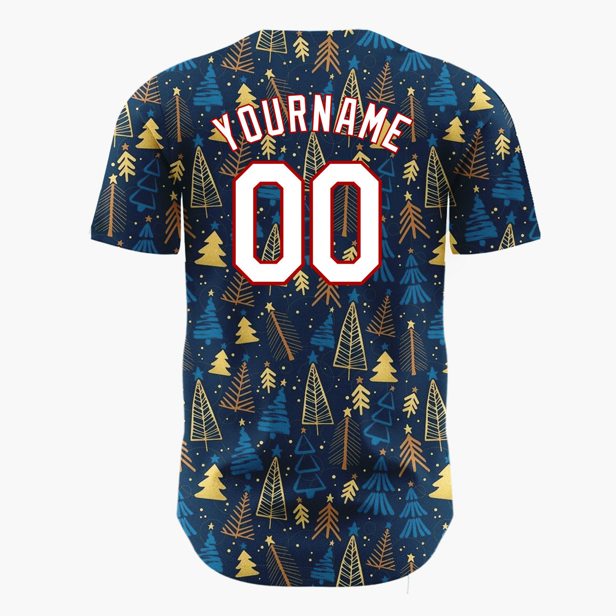 Custom Dark Blue Golden Christmas Trees Stars Cartoon Pattern Christmas Baseball Jersey