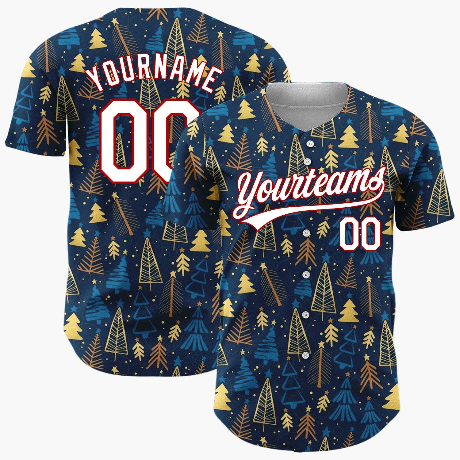Custom Dark Blue Golden Christmas Trees Stars Cartoon Pattern Christmas Baseball Jersey