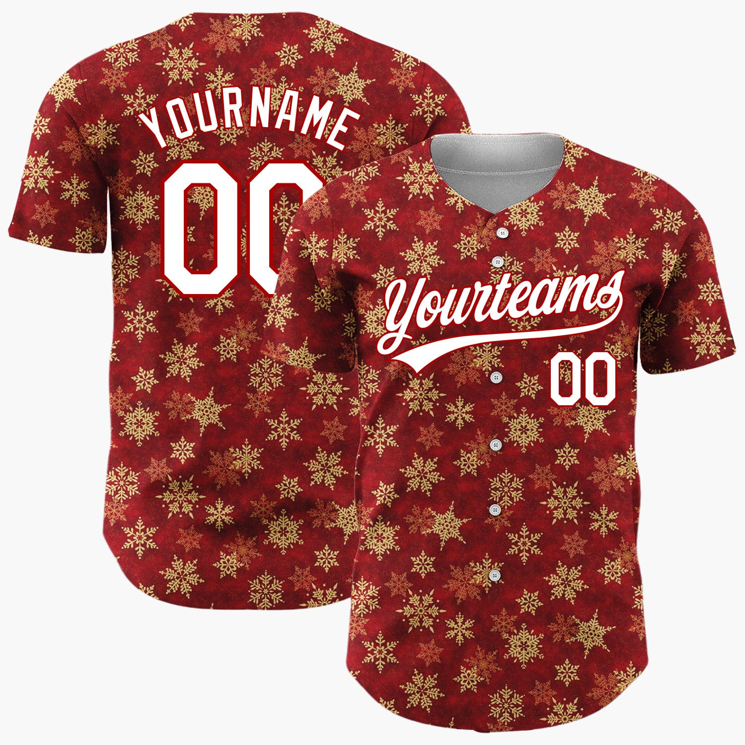 Custom Dark Red Golden Snowflakes Minimalist Pattern Christmas Baseball Jersey