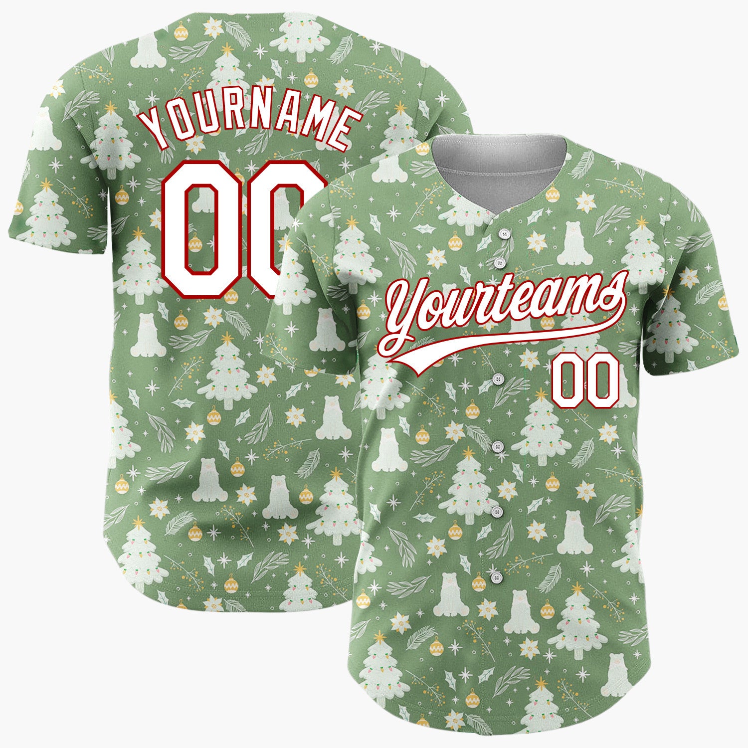Custom Green Christmas Trees Minimalist Cartoon Pattern Christmas Baseball Jersey