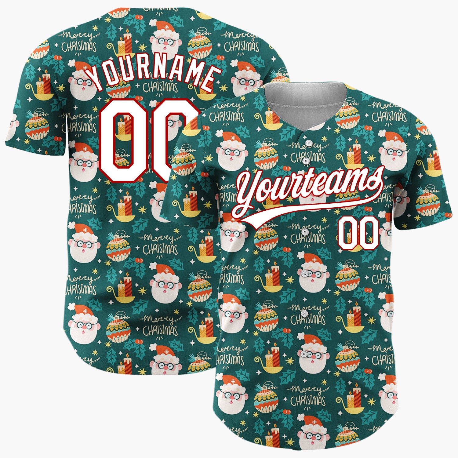 Custom Dark Green Santa Snowman Merry Christmas Cartoon Pattern Christmas Baseball Jersey