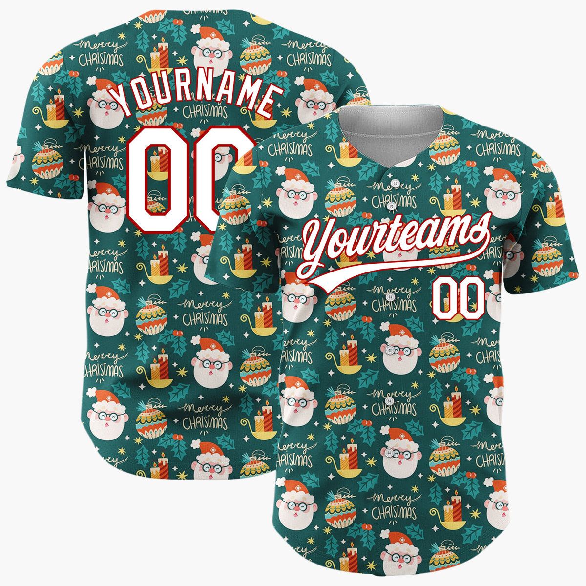 Custom Dark Green Santa Snowman Merry Christmas Cartoon Pattern Christmas Baseball Jersey