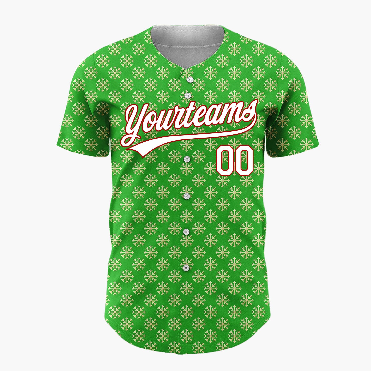 Custom Green Repeating Gold Snowflakes Festive Tiled Pattern Christmas Baseball Jersey