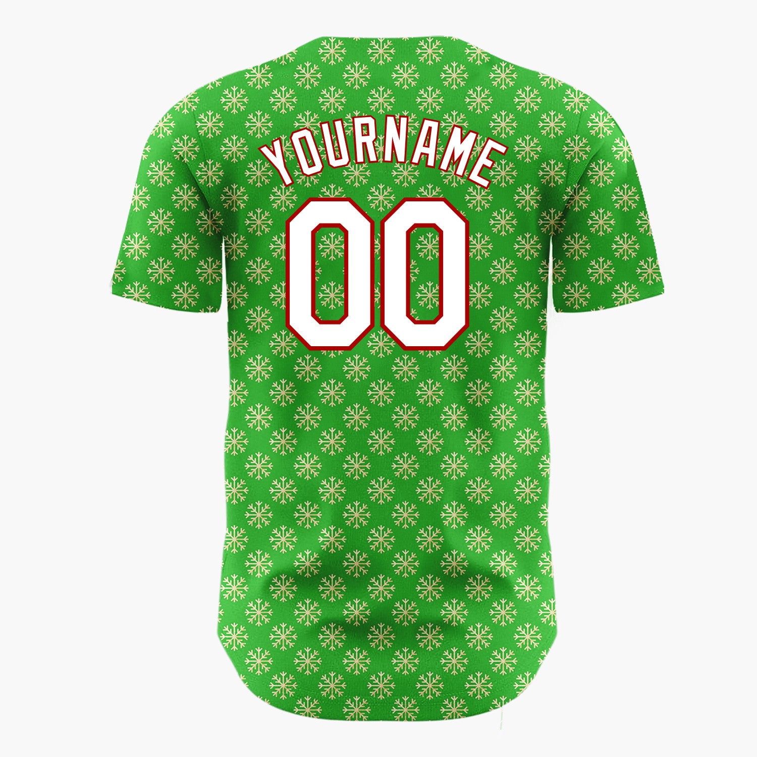Custom Green Repeating Gold Snowflakes Festive Tiled Pattern Christmas Baseball Jersey