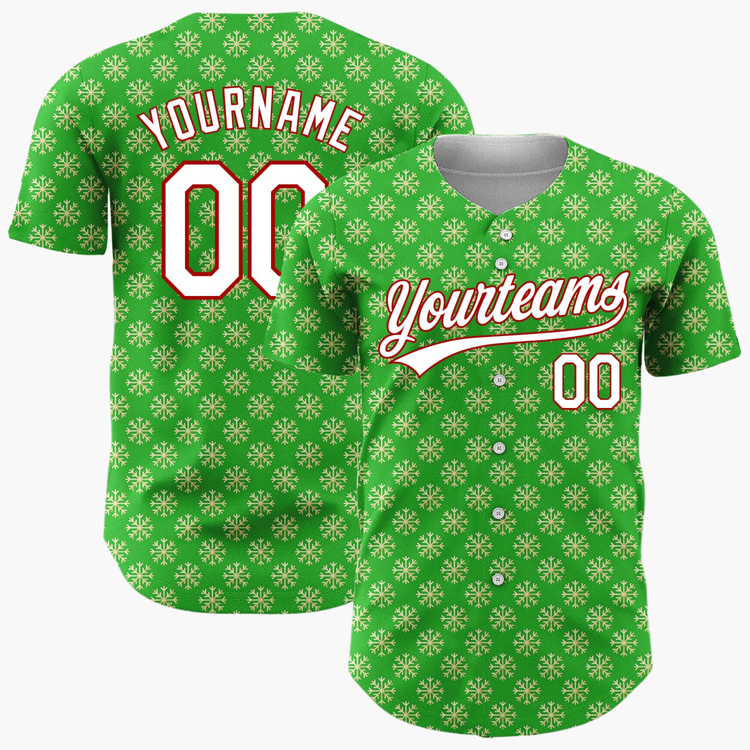 Custom Green Repeating Gold Snowflakes Festive Tiled Pattern Christmas Baseball Jersey