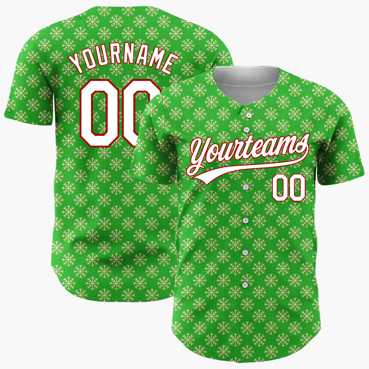 Custom Green Repeating Gold Snowflakes Festive Tiled Pattern Christmas Baseball Jersey