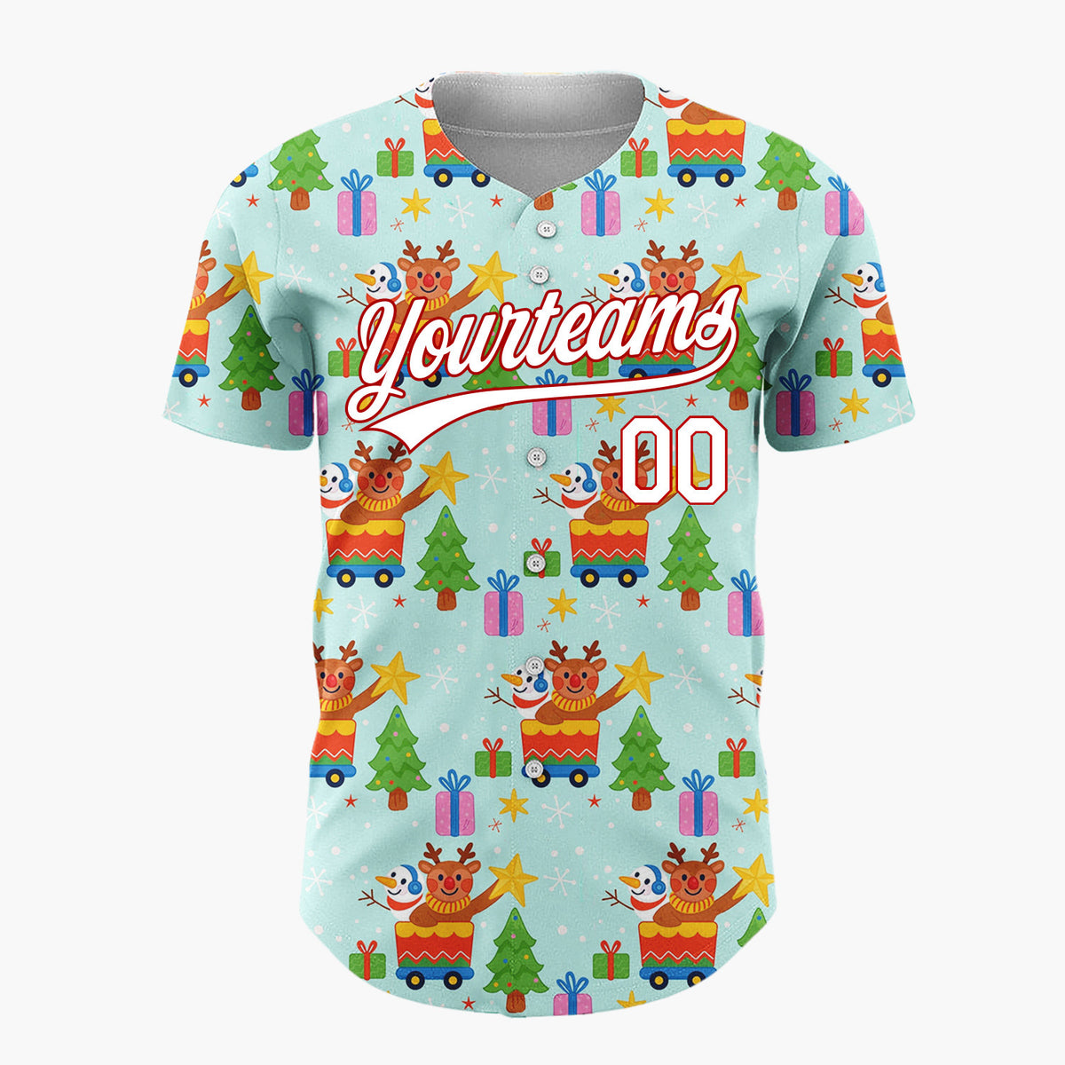 Custom Light Blue Reindeers And Snowmen Train Merry Christmas Baseball Jersey
