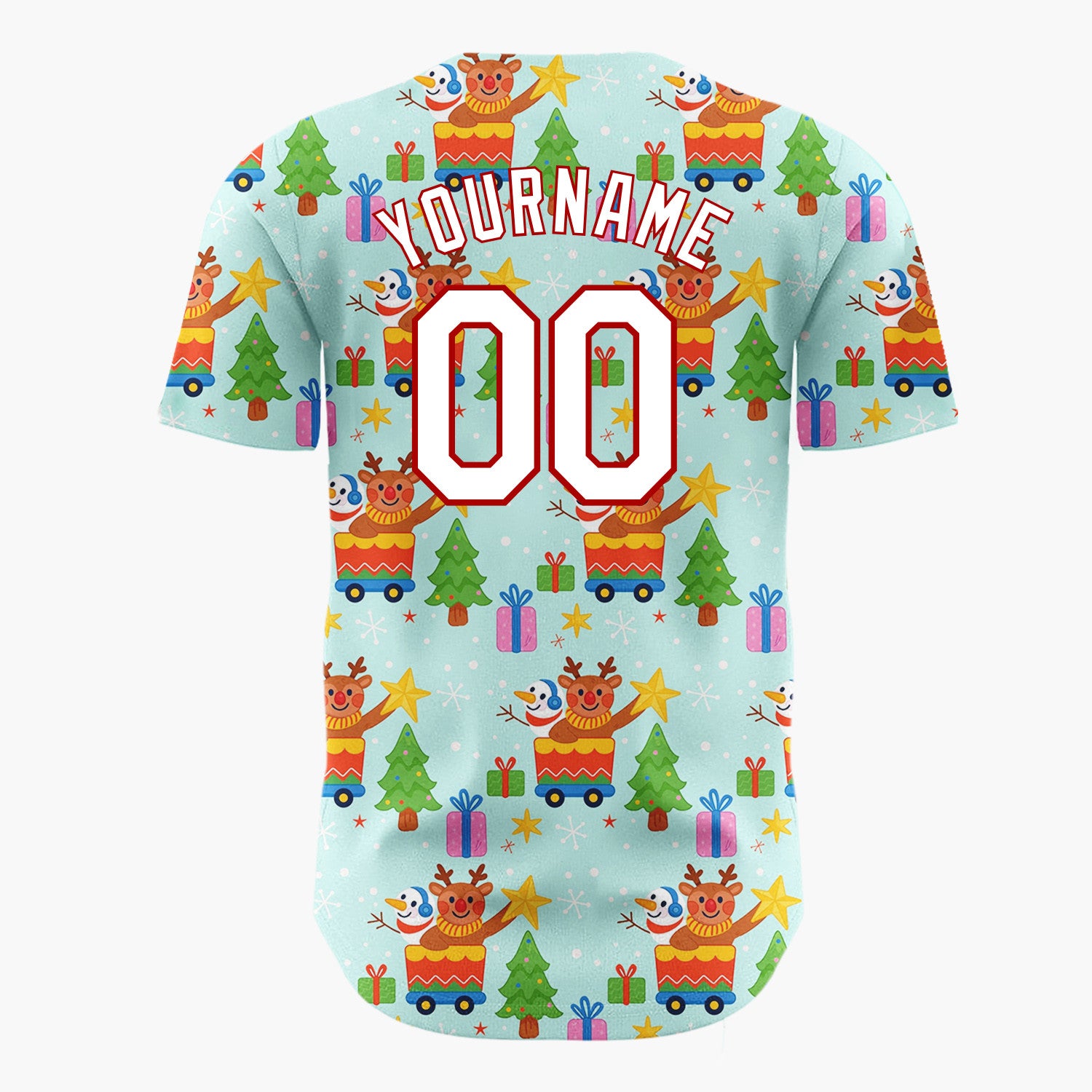 Custom Light Blue Reindeers And Snowmen Train Merry Christmas Baseball Jersey